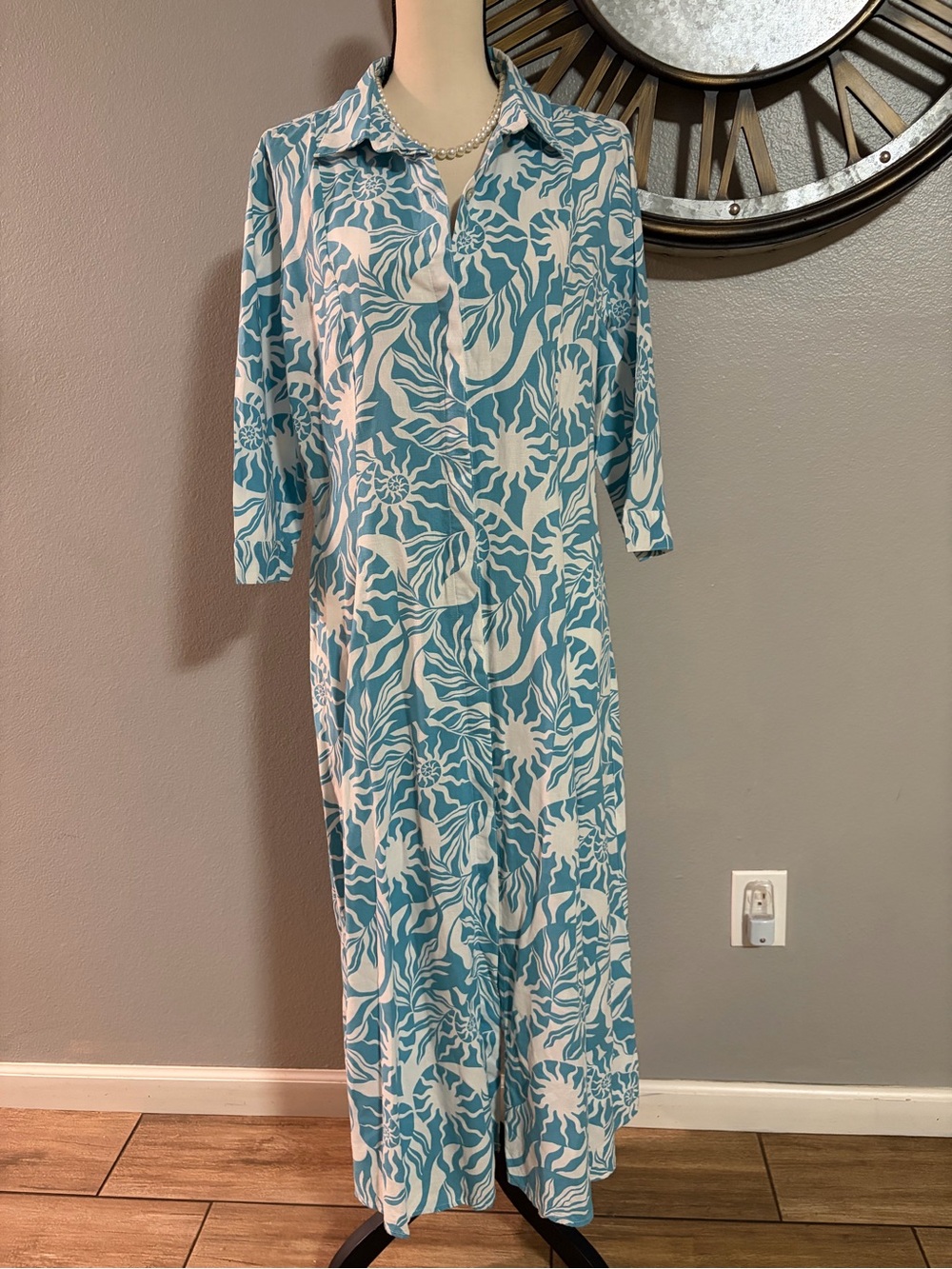NICOLE MILLER Teal & White Printed  Maxi Dress